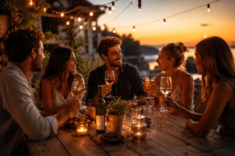 Menschen bei entspanntem Sommerabend mit Getränken auf einer Terrasse in warmer Atmosphäre
