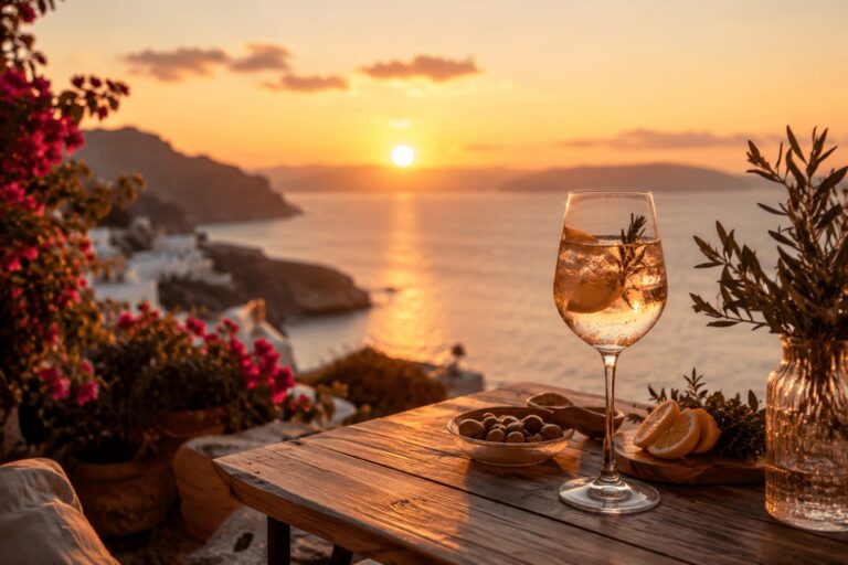 Sommerlicher Drink bei Sonnenuntergang auf einer mediterranen Urlaubsterrasse