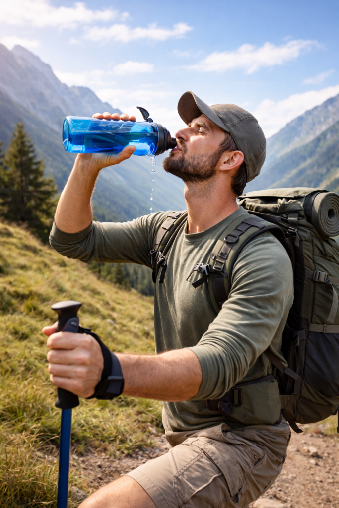 Ein Wanderer trinkt aus einer Trinkflasche während einer Rast in den Bergen.